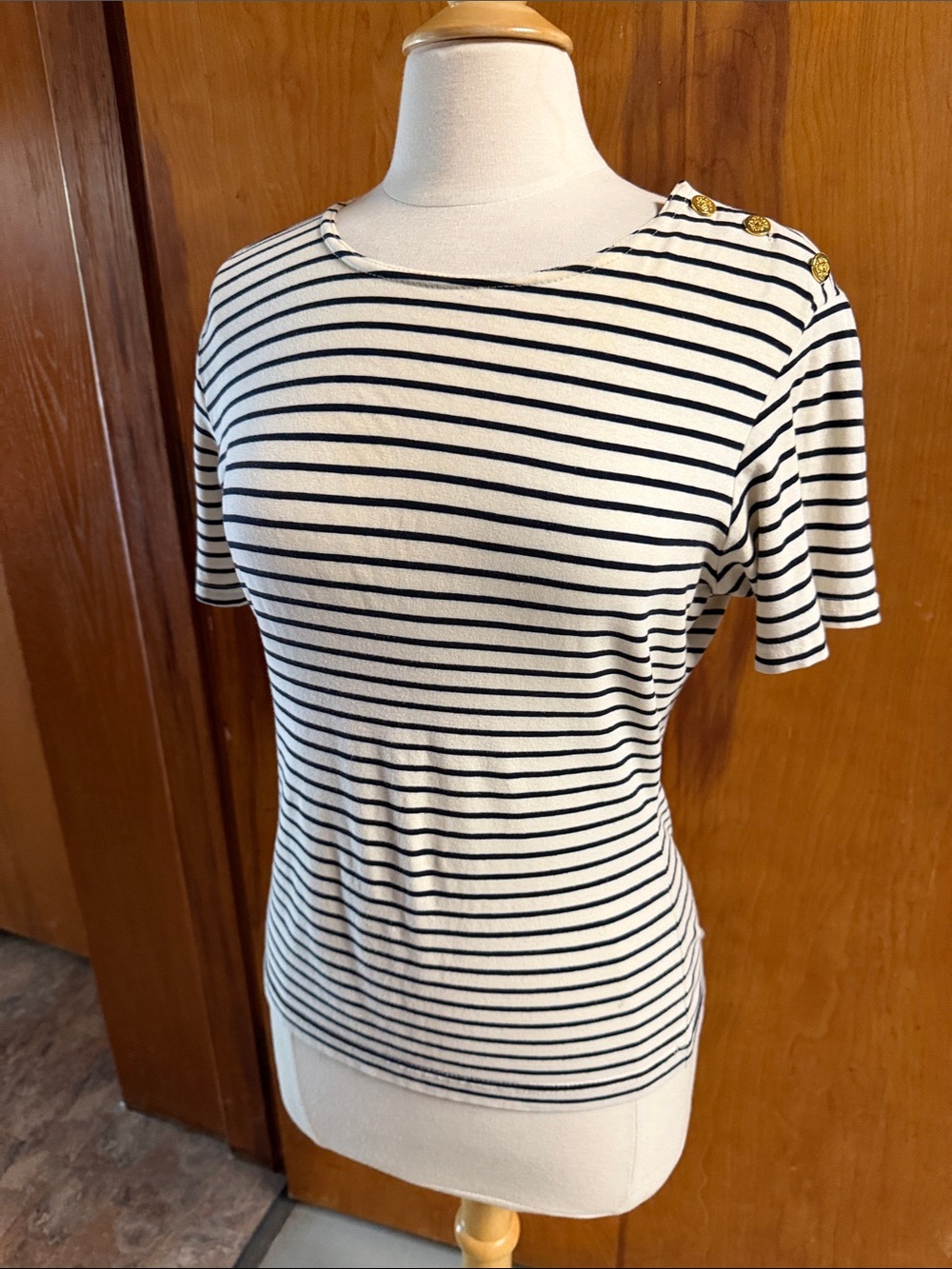 VINTAGE Nautical Striped Short Sleeve Knit Top Shoulder Buttons - Black/Ivory M